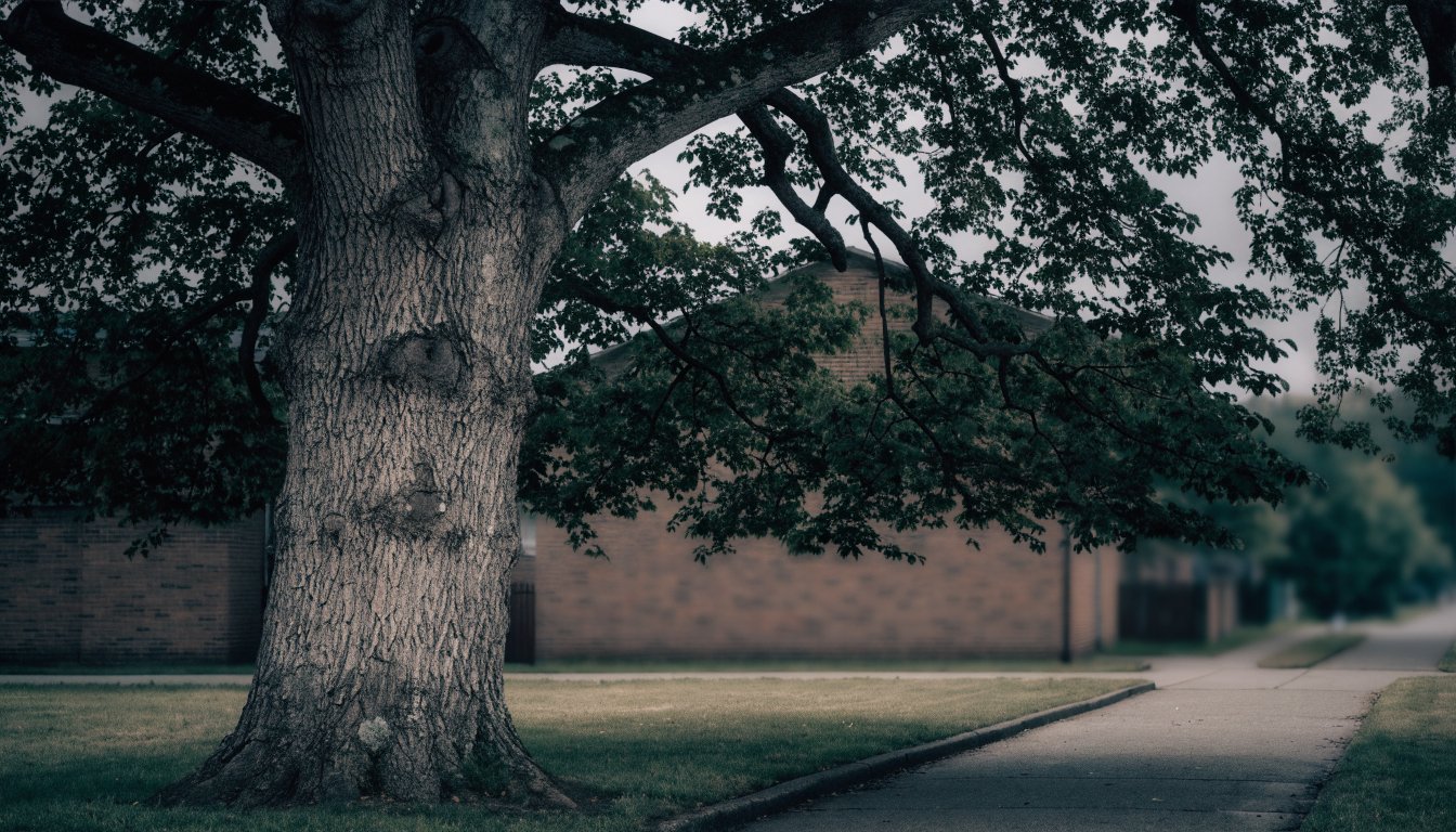 A mature tree and brick house wall on a residential street, illustrating property standards orders in Ontario.