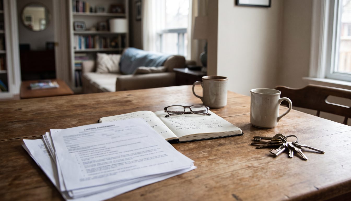 Kitchen table with a listing agreement, a notepad of questions and house keys (illustrative)