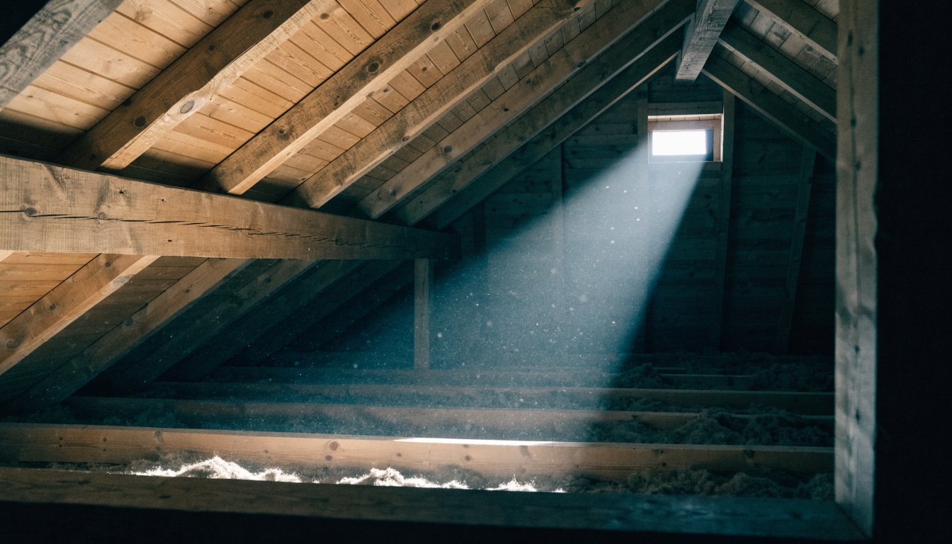 An attic with loose fill insulation between joists, illustrating radon testing in the lowest lived-in level of an Ontario home.