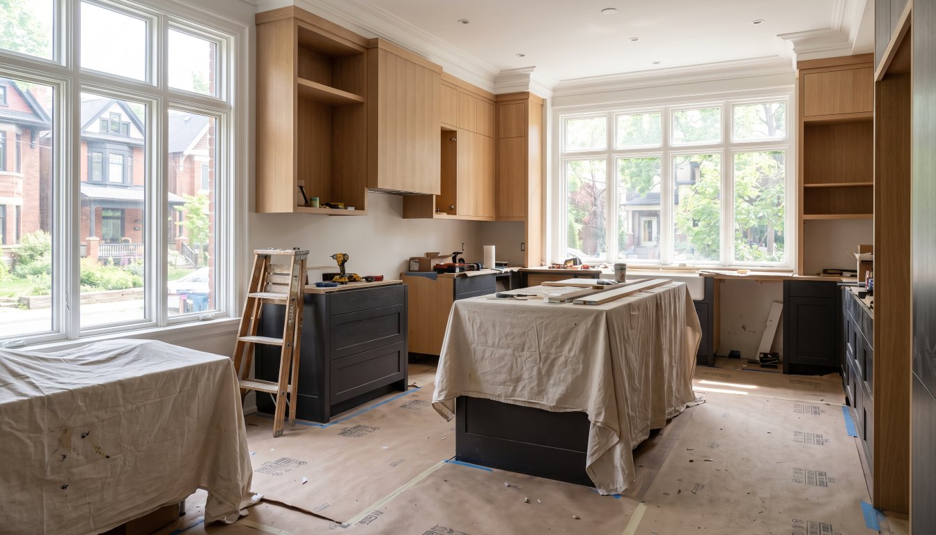 A luxury kitchen renovation in progress in a Toronto home with cabinetry partly installed