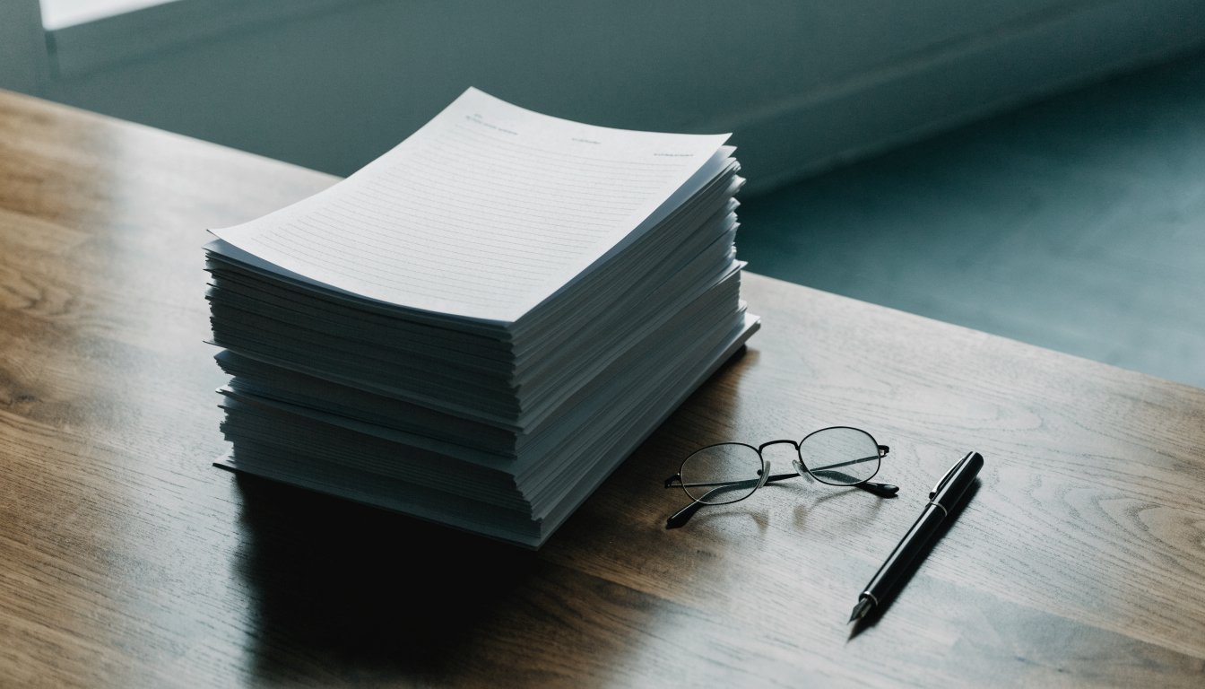 A squared stack of blank printed pages with a pen, illustrating Ontario real estate representation agreements.