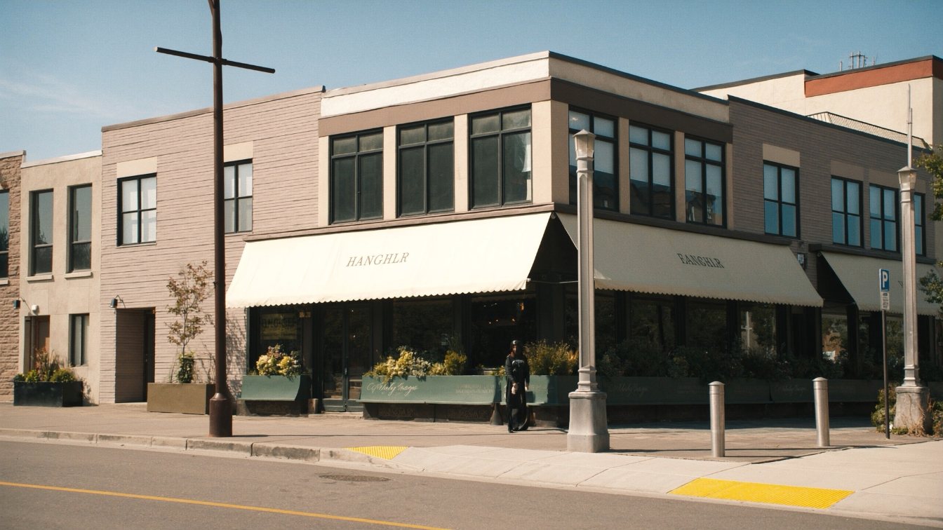 Street-front restaurant unit in a mixed-use building with a vacant patio area (illustrative)
