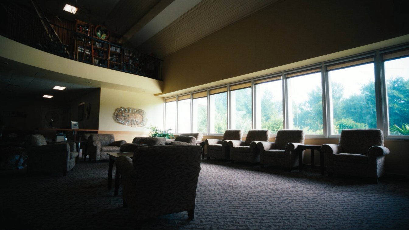 Bright common lounge in a seniors residence with armchairs by large windows (illustrative)