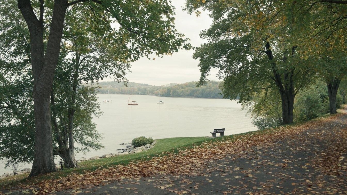 Georgian Bay shoreline near Collingwood with the Niagara Escarpment ski hills in the distance in autumn (illustrative)