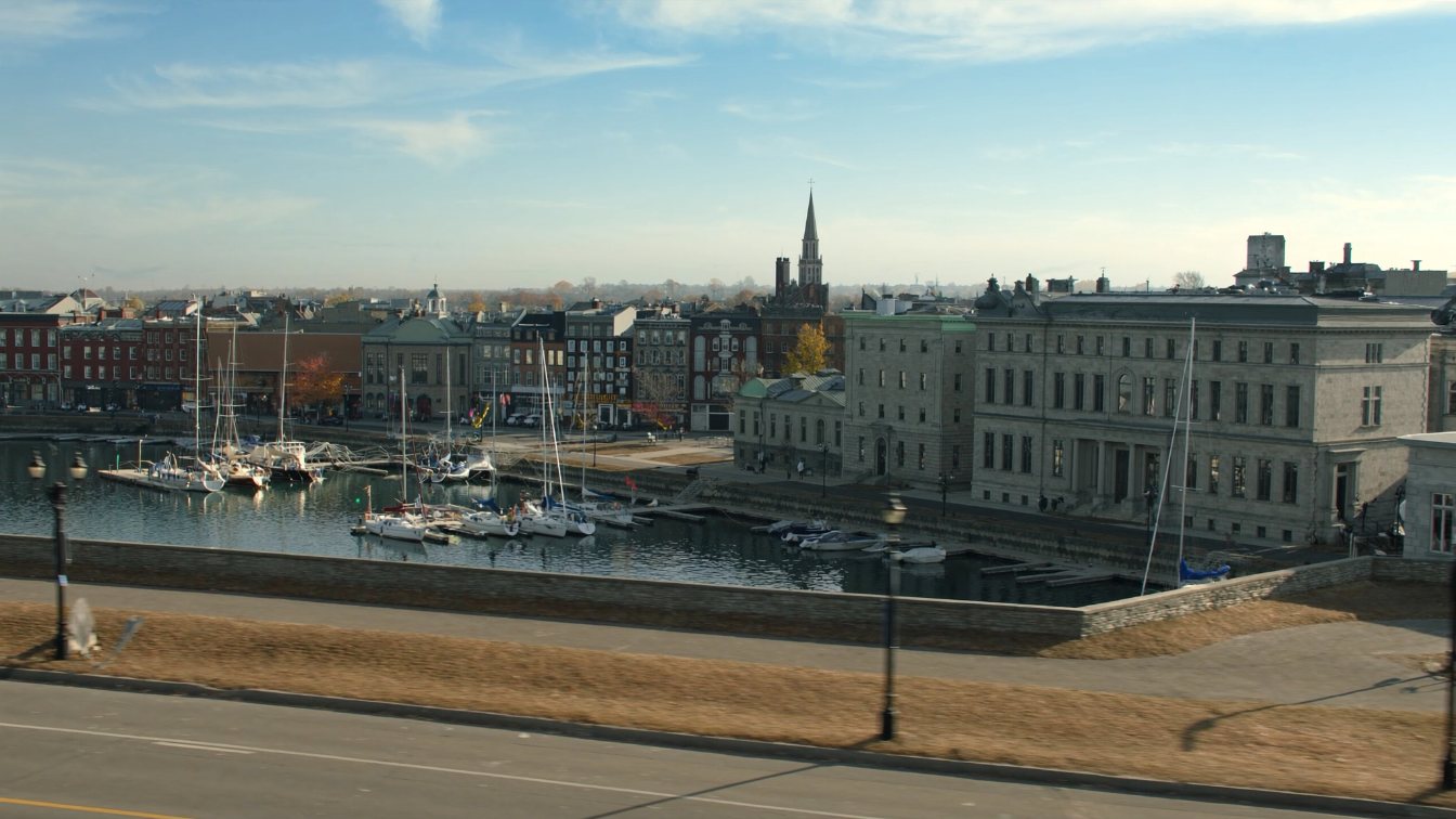 Historic limestone buildings in an Ontario city on an early autumn afternoon (illustrative)