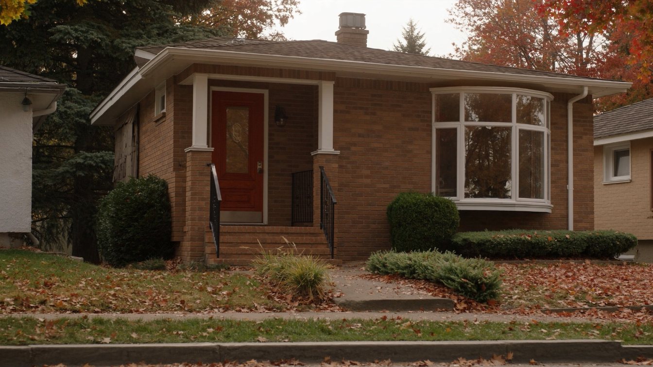 A retired couple's front porch and brick house on a quiet GTA street in autumn (illustrative)