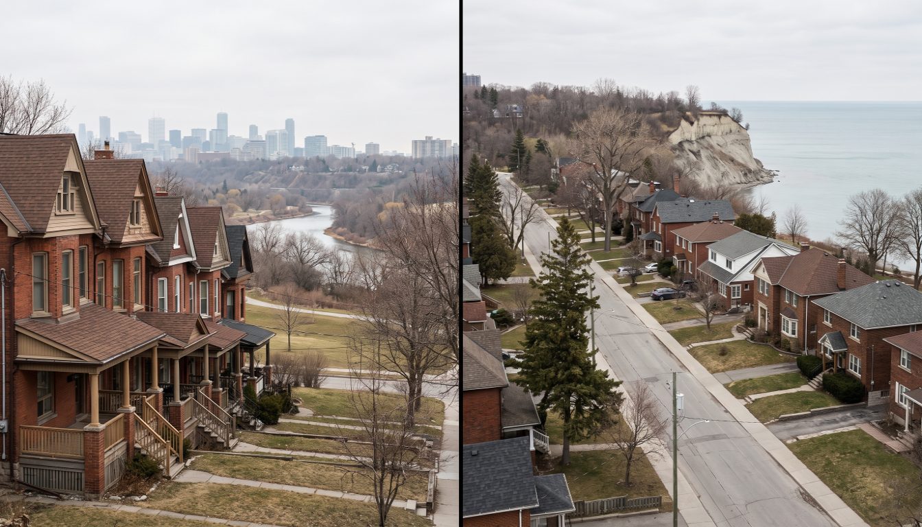 A narrow Riverdale Victorian semi row beside a detached Birch Cliff house on a wide lot above the Scarborough Bluffs