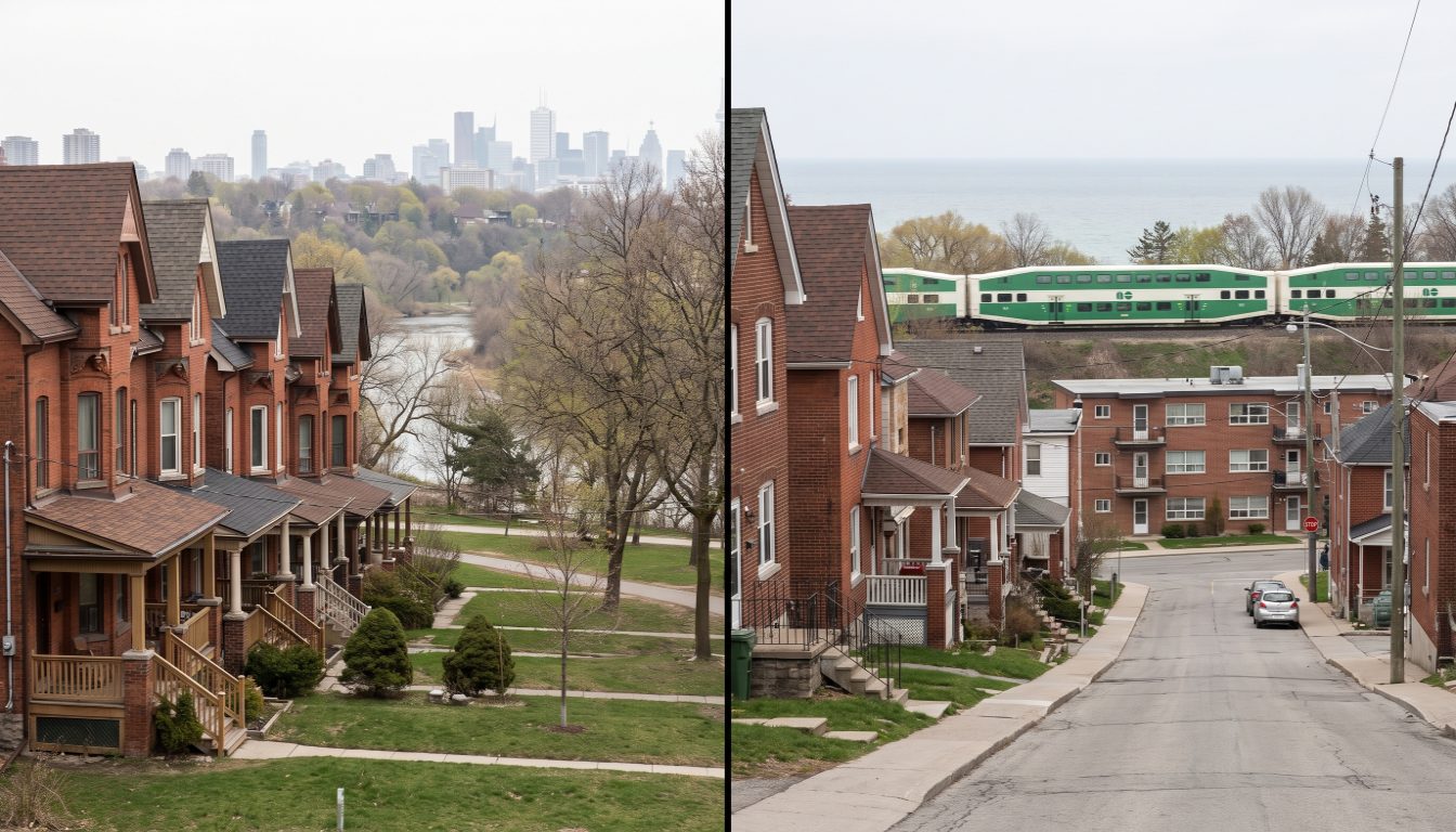 Victorian semi-detached houses on a Riverdale street beside the waterfront condo towers reported under TRREB's Mimico
