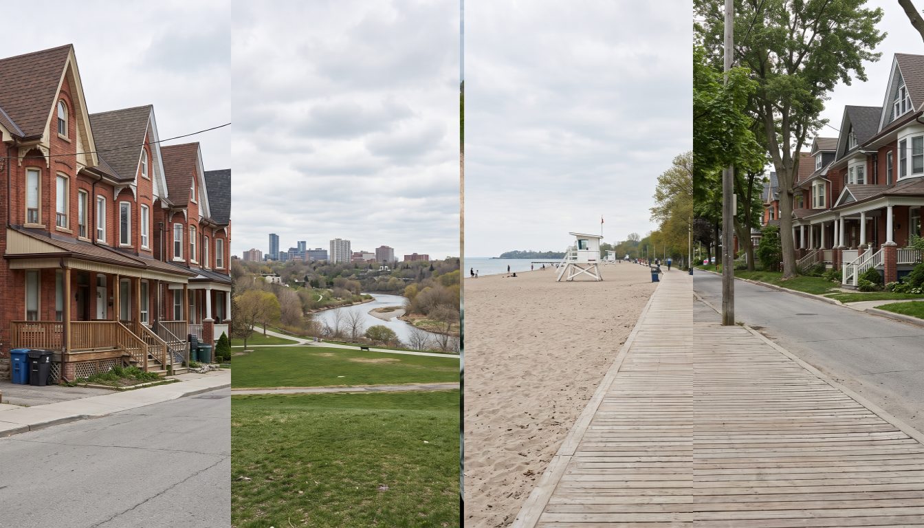 The Kew Beach boardwalk and lake on one side, Riverdale's Victorian semis and the Don Valley footbridge on the other