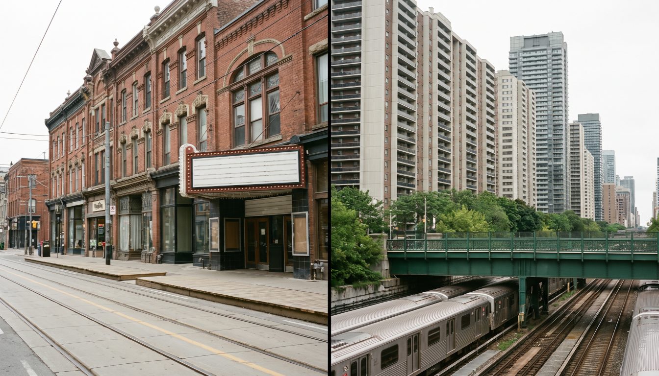 Roncesvalles Avenue streetcar tracks and low-rise shops beside the high-rise apartment towers of Davisville Village