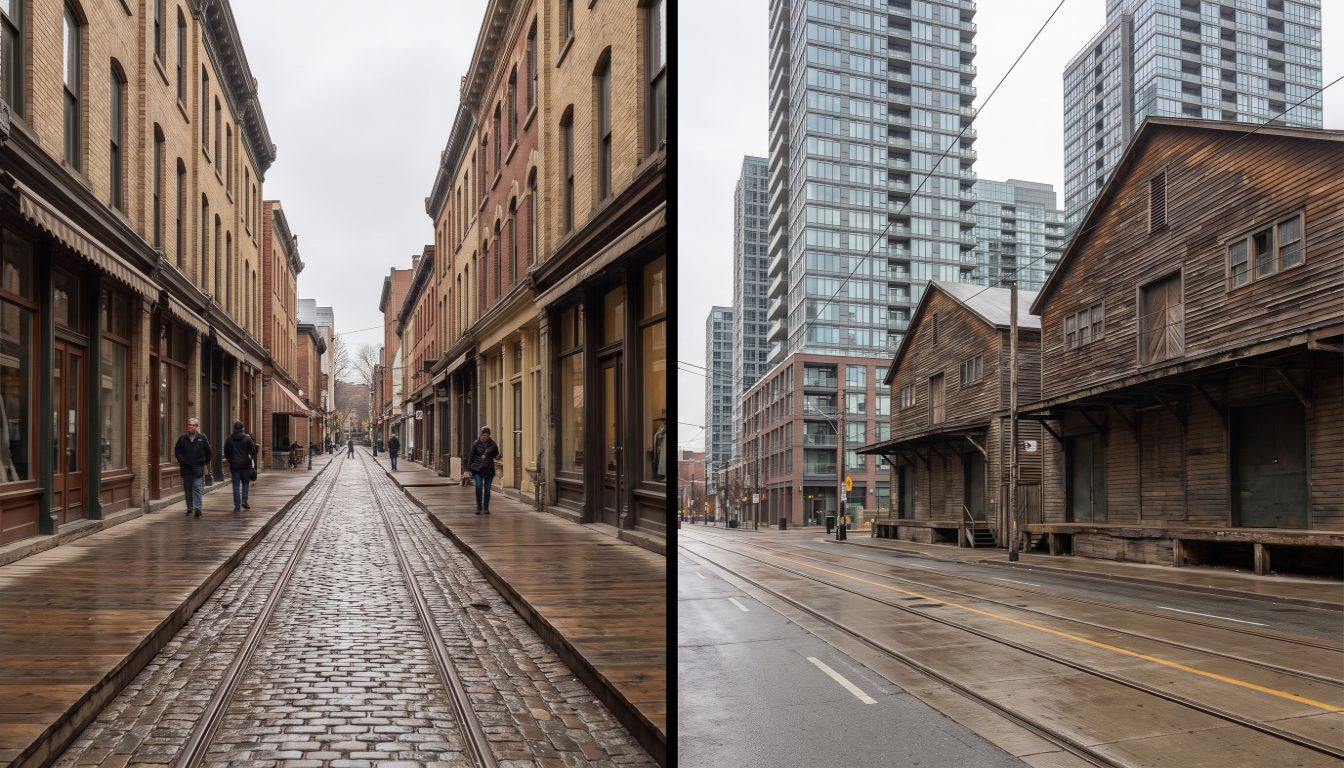 Roncesvalles Avenue's widened sidewalks and shopfronts contrasted with the King Street West transit priority corridor