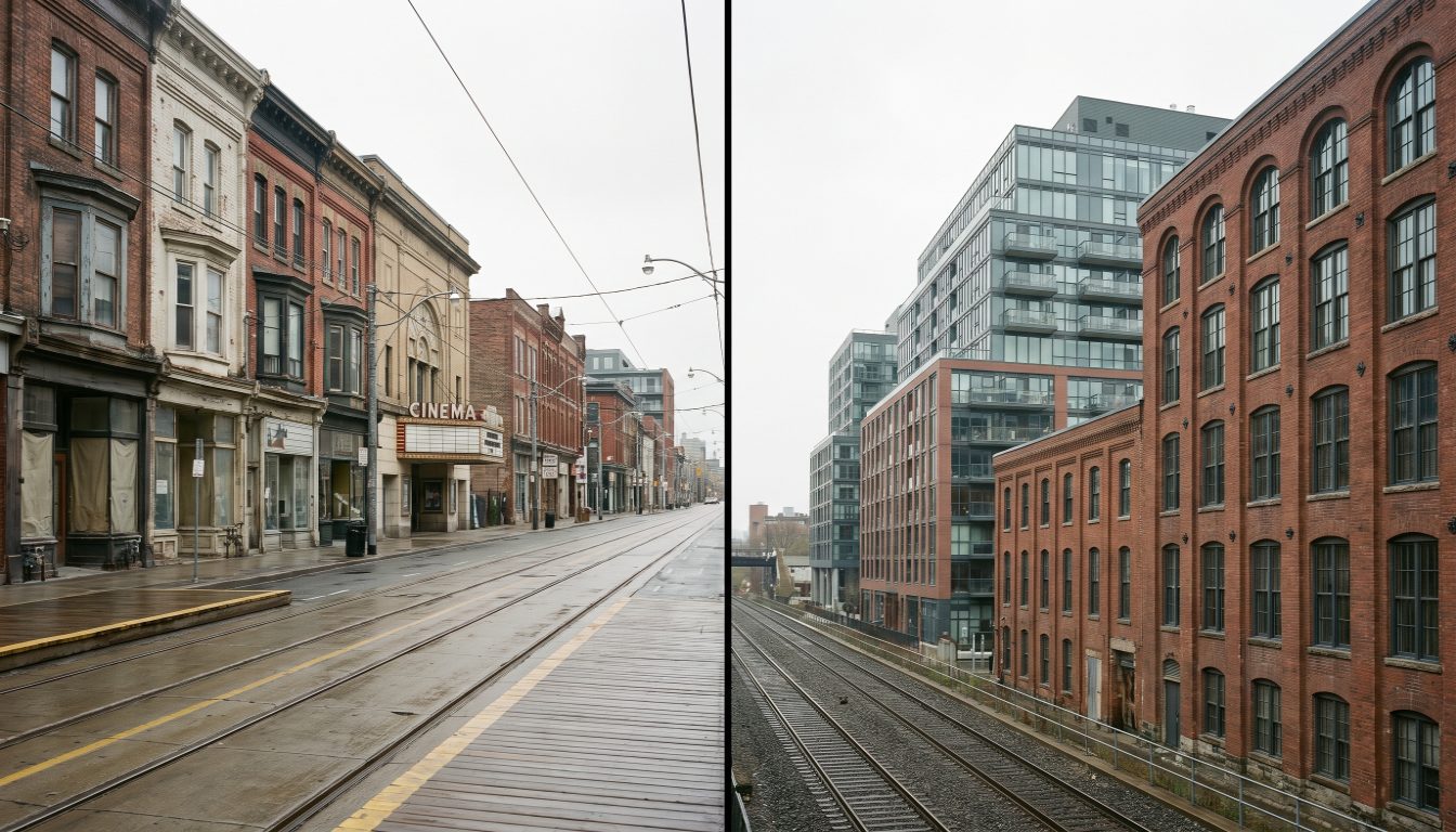 Roncesvalles Avenue's Victorian storefronts and streetcar platforms beside the condo towers of Liberty Village