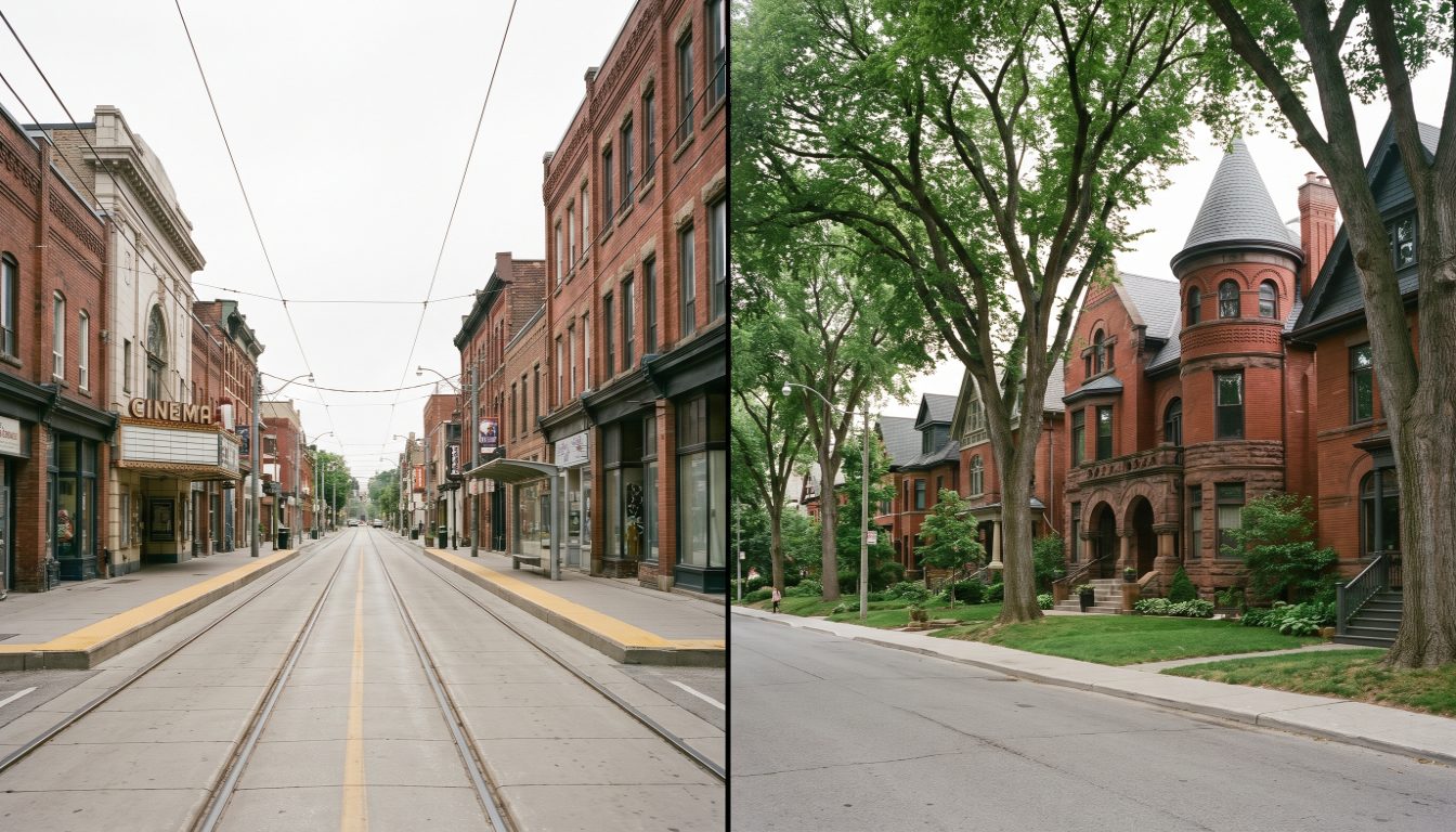 Converted Victorian flats in Roncesvalles beside the turreted Annex-style brick houses of Toronto's Annex