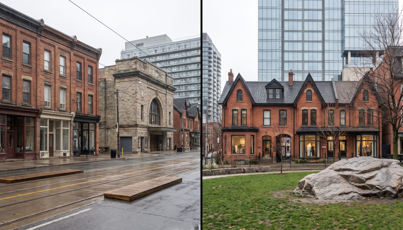 Roncesvalles Avenue's Victorian shopfronts and converted houses beside Yorkville's luxury condominium towers