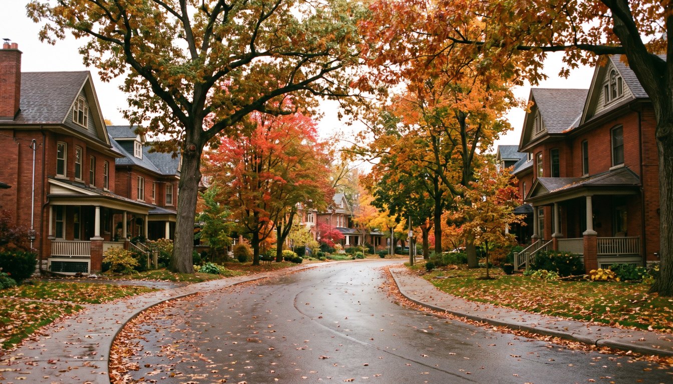 A curving tree lined street of large early twentieth century brick houses in Toronto in autumn
