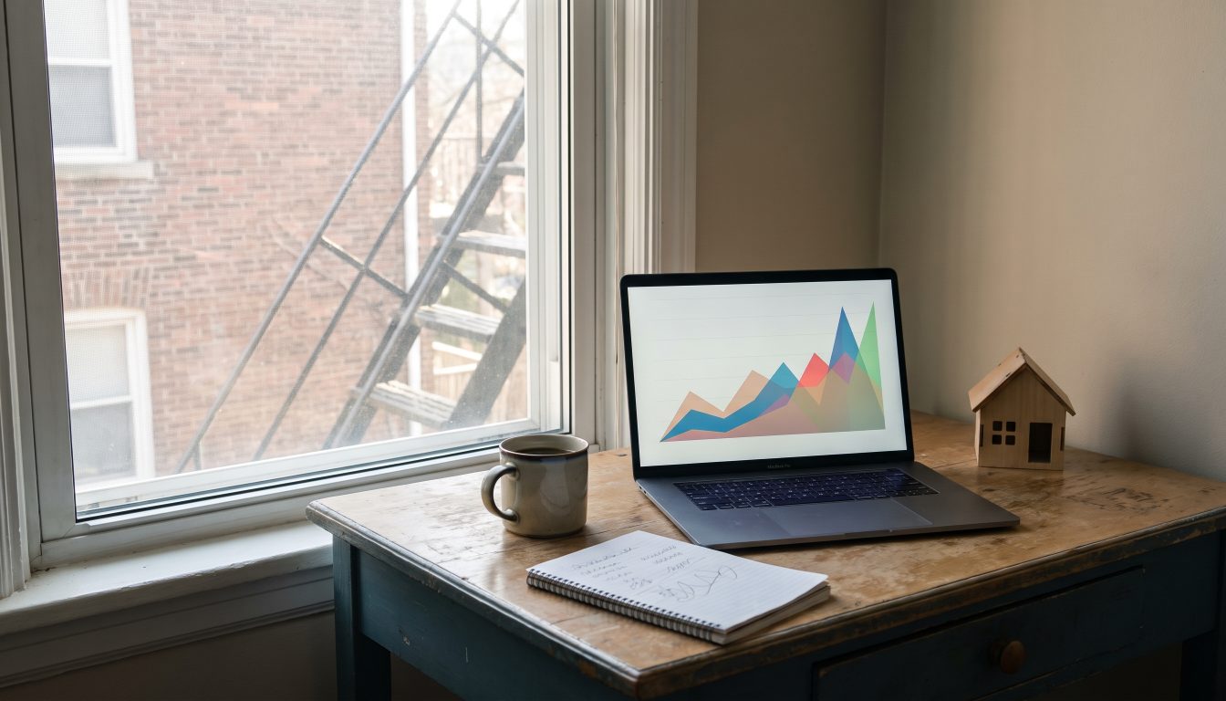 Laptop savings chart and model house (illustrative)