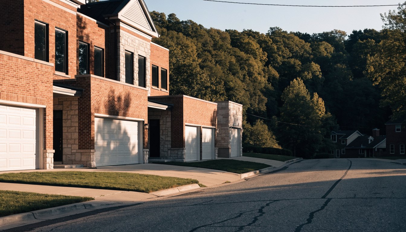 Enclave of large modern executive townhomes in red brick and stone with double garages beside a wooded ravine