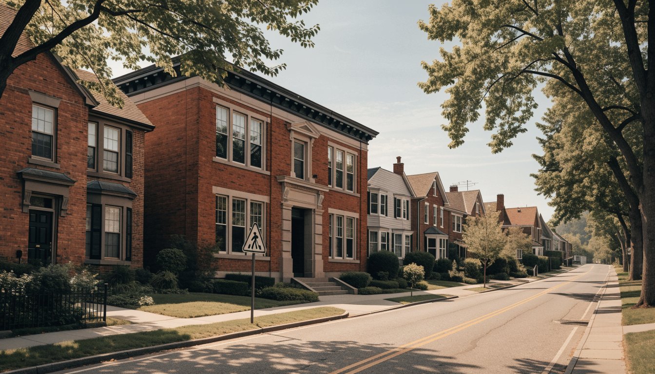Red-brick 1930s elementary school with a stone entrance on a tree-lined street of detached houses