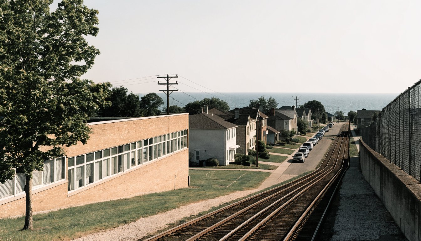 Low mid-century school building beside a rail corridor, with a street of small houses running down to the lake
