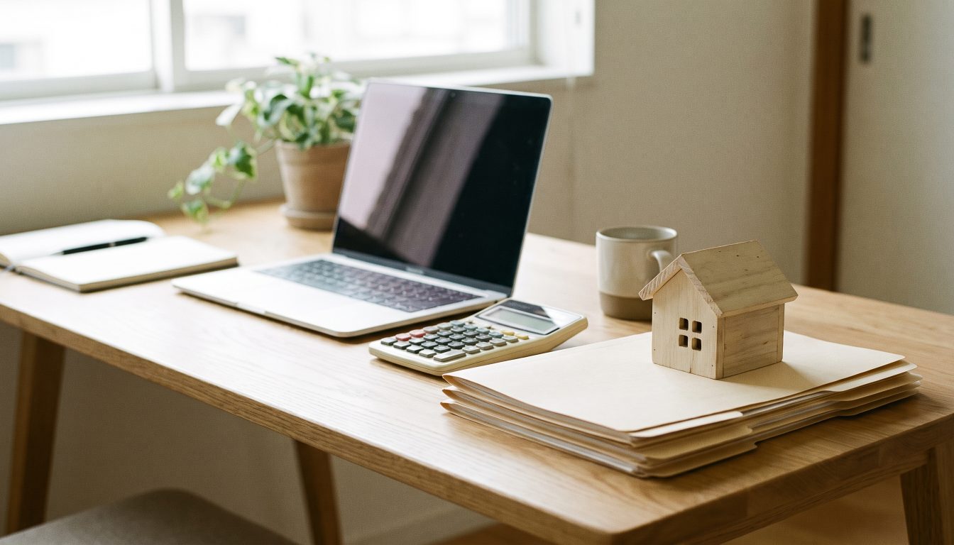 Home office desk with laptop, calculator, folders and a small model house (illustrative)