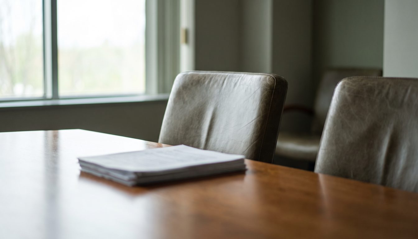 An agent placing a RECO information guide and a disclosure form on a kitchen table across from an unrepresented seller