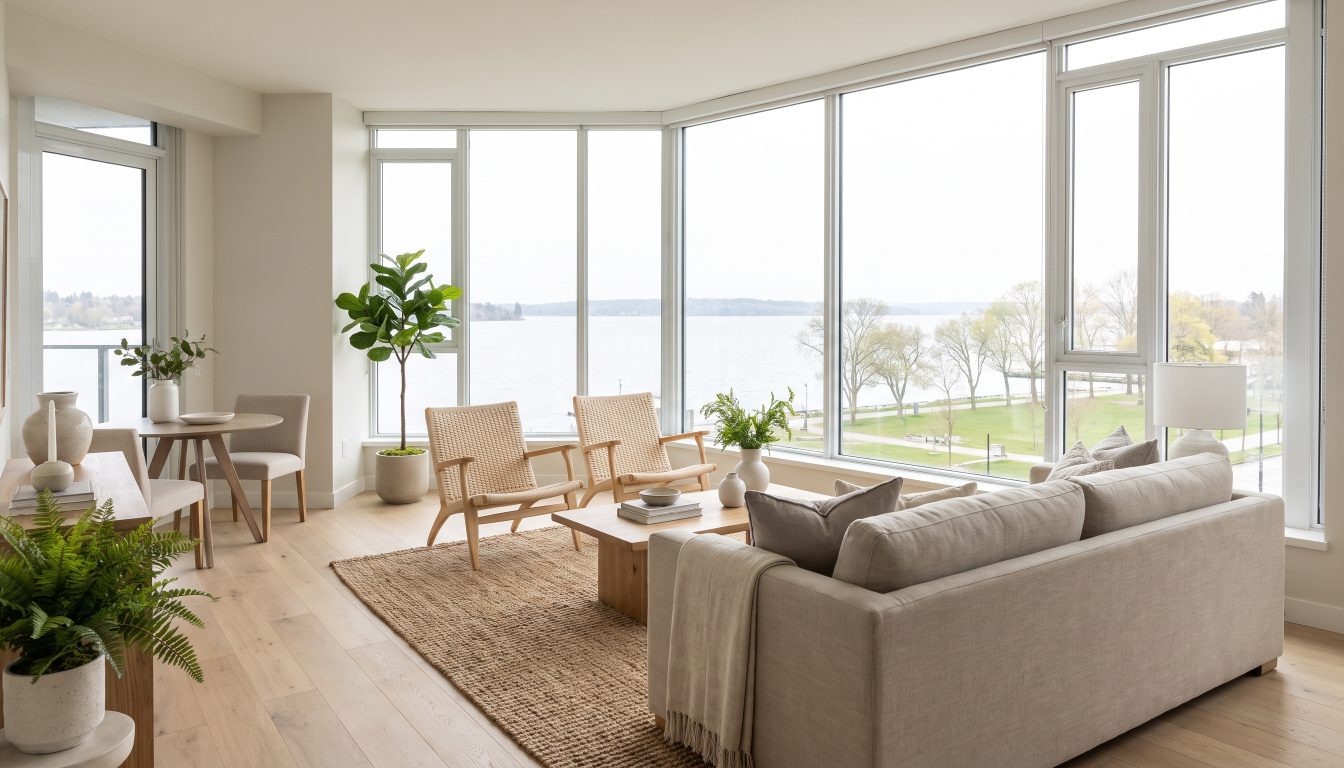 Bright staged condo living room with floor-to-ceiling windows overlooking the lake (illustrative)