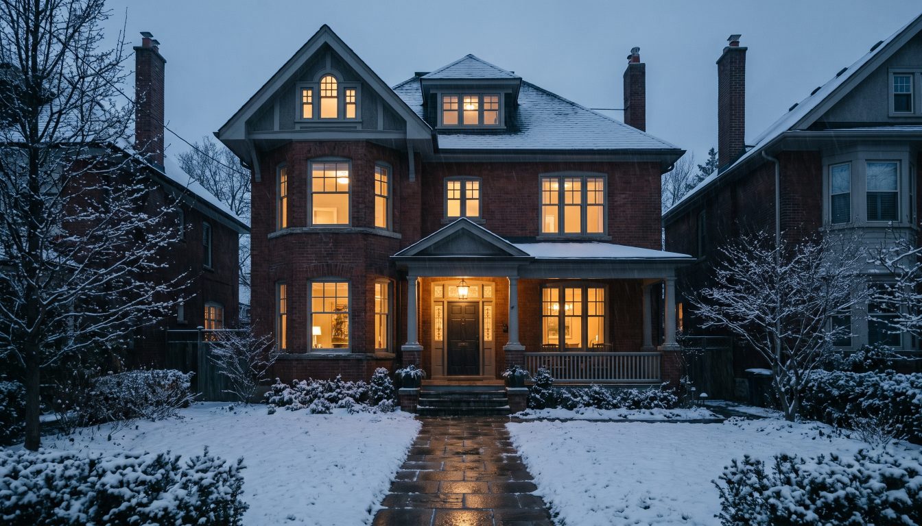 Detached Toronto brick home in light snowfall with warm lights at dusk (illustrative)
