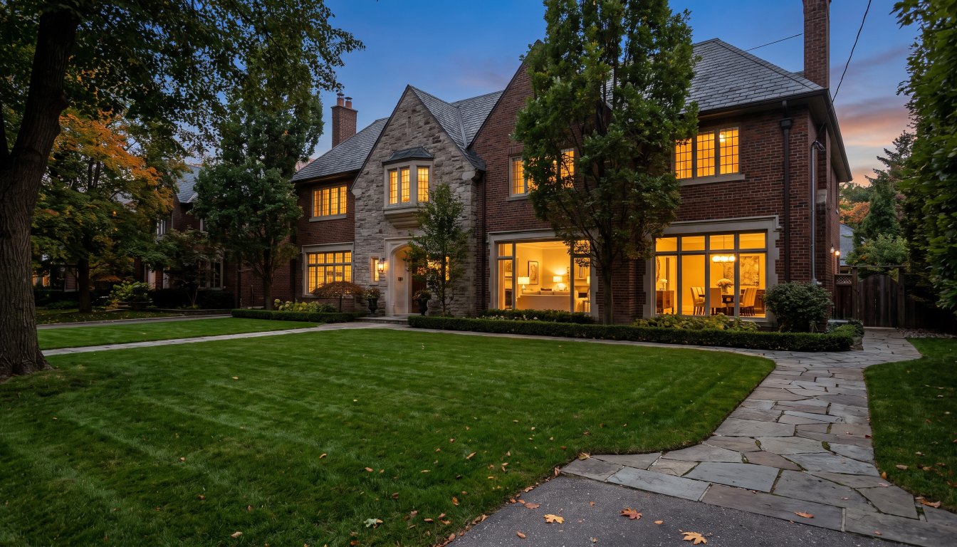 A large elegant Toronto house presented for sale with warm interior lights in early evening
