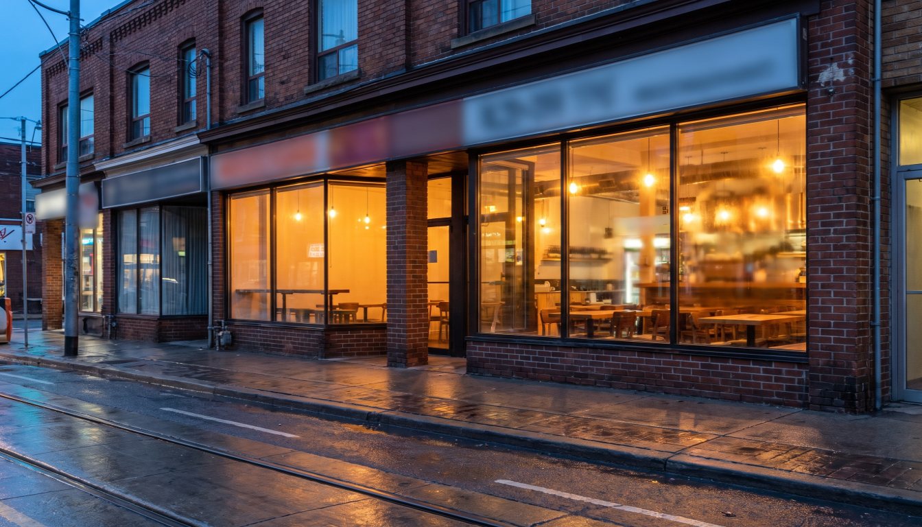 A storefront restaurant on a west Toronto commercial street at blue hour