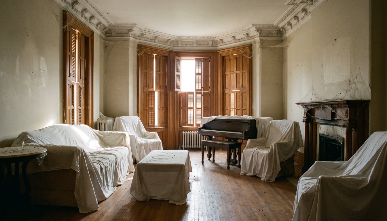 An older empty living room in a large Toronto house with furniture under dust sheets