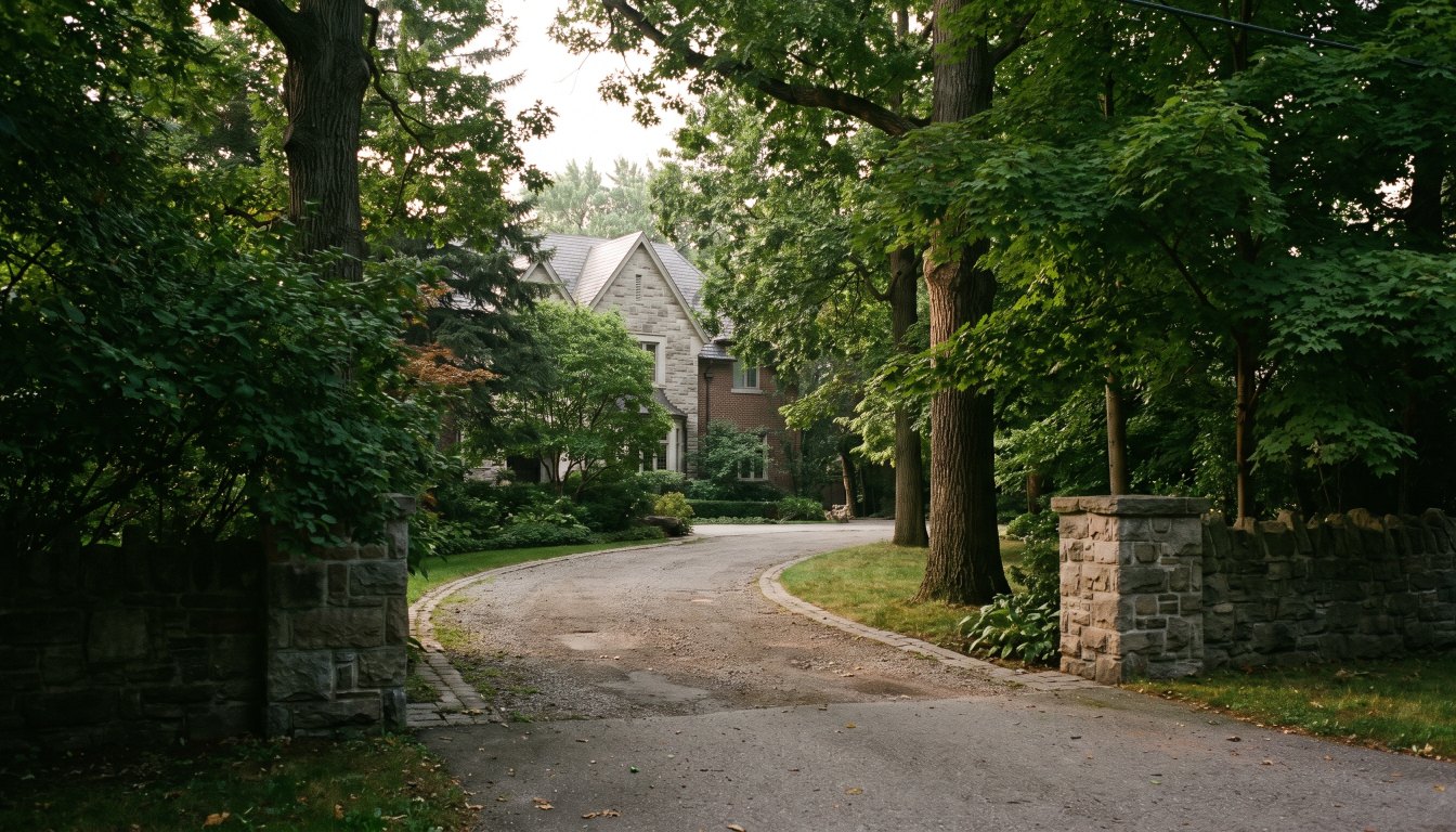 A long private driveway curving out of sight behind mature trees toward a hidden Toronto house