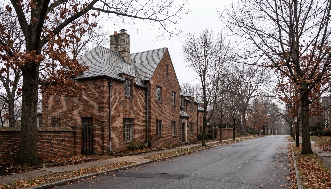 A large brick house on a quiet empty street on a grey winter afternoon with bare trees