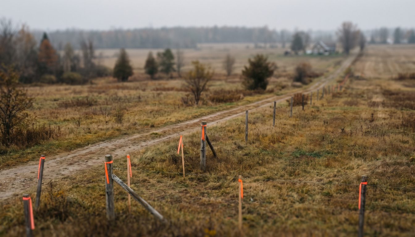 Rural Ontario acreage with a surveyed lot line marked out for a severance condition in an agreement of purchase and sale