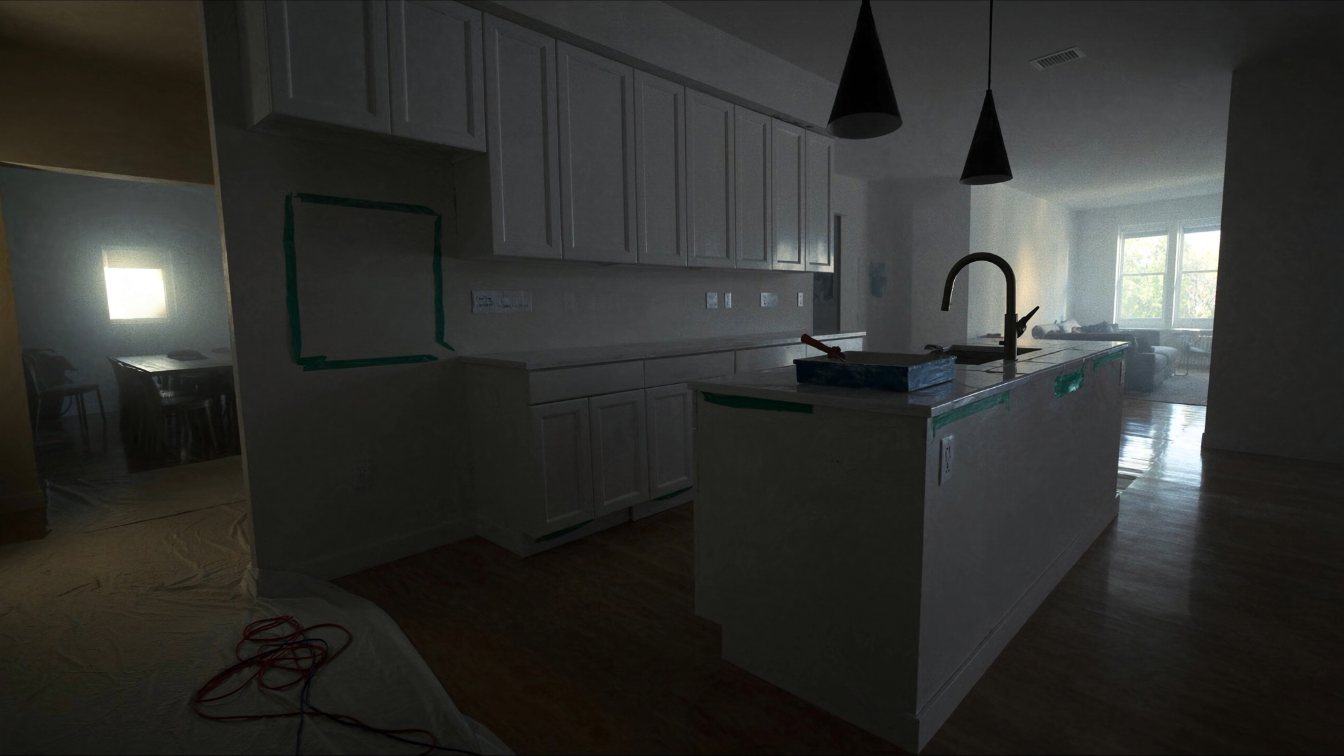 Condominium kitchen mid-refresh with painter's tape and new light fixtures (illustrative)