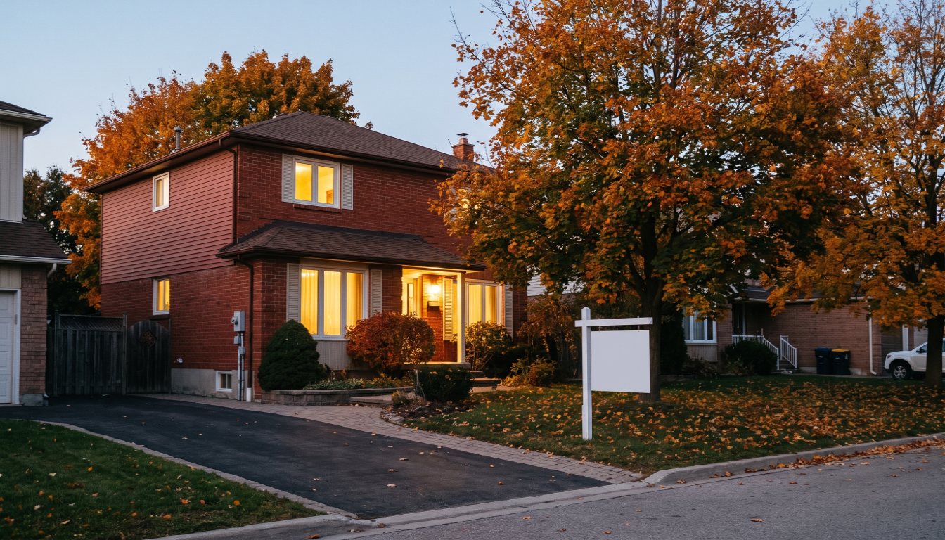 A GTA detached house at dusk with a real estate sign at the driveway