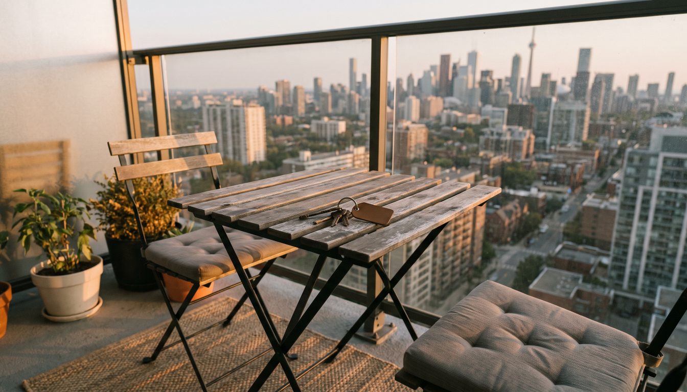 Condo balcony overlooking the city at sunset with keys on a small table (illustrative)