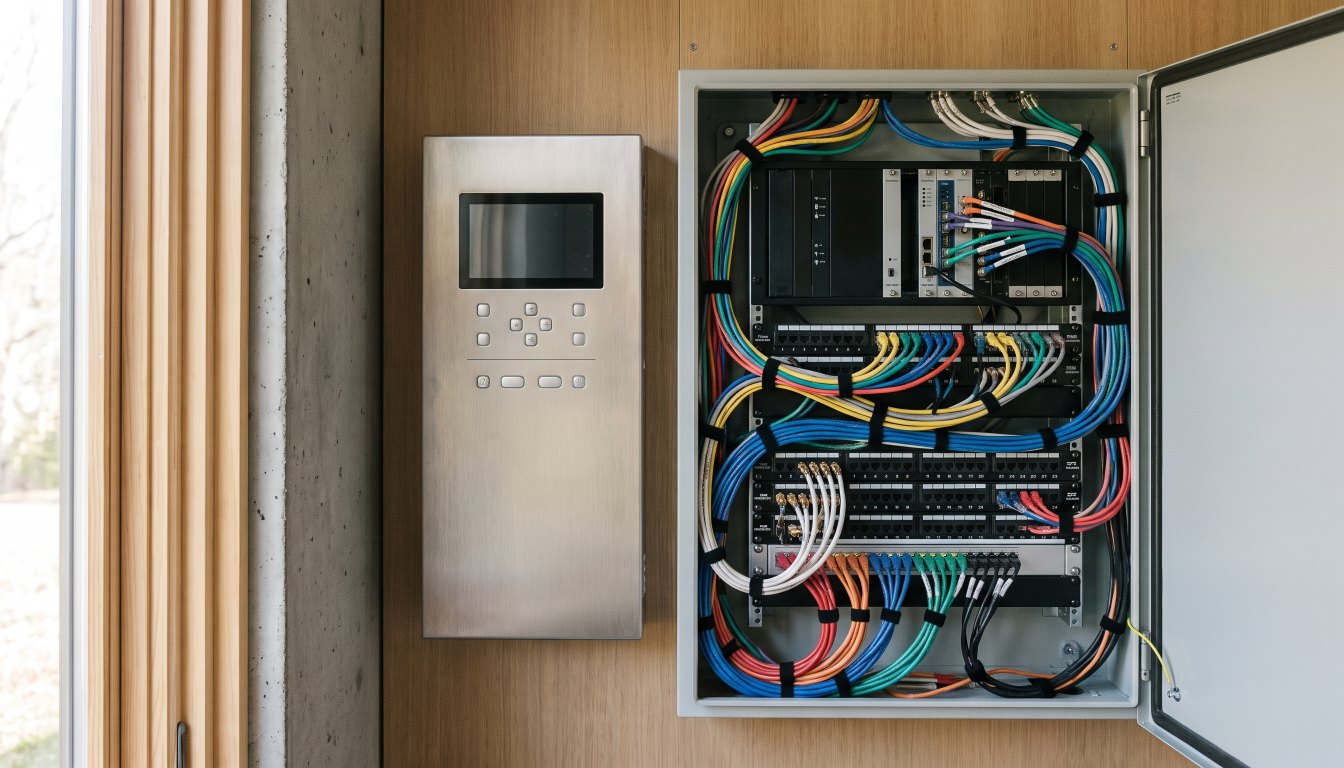 A wall mounted home automation panel and tidy low voltage wiring cabinet in a luxury home