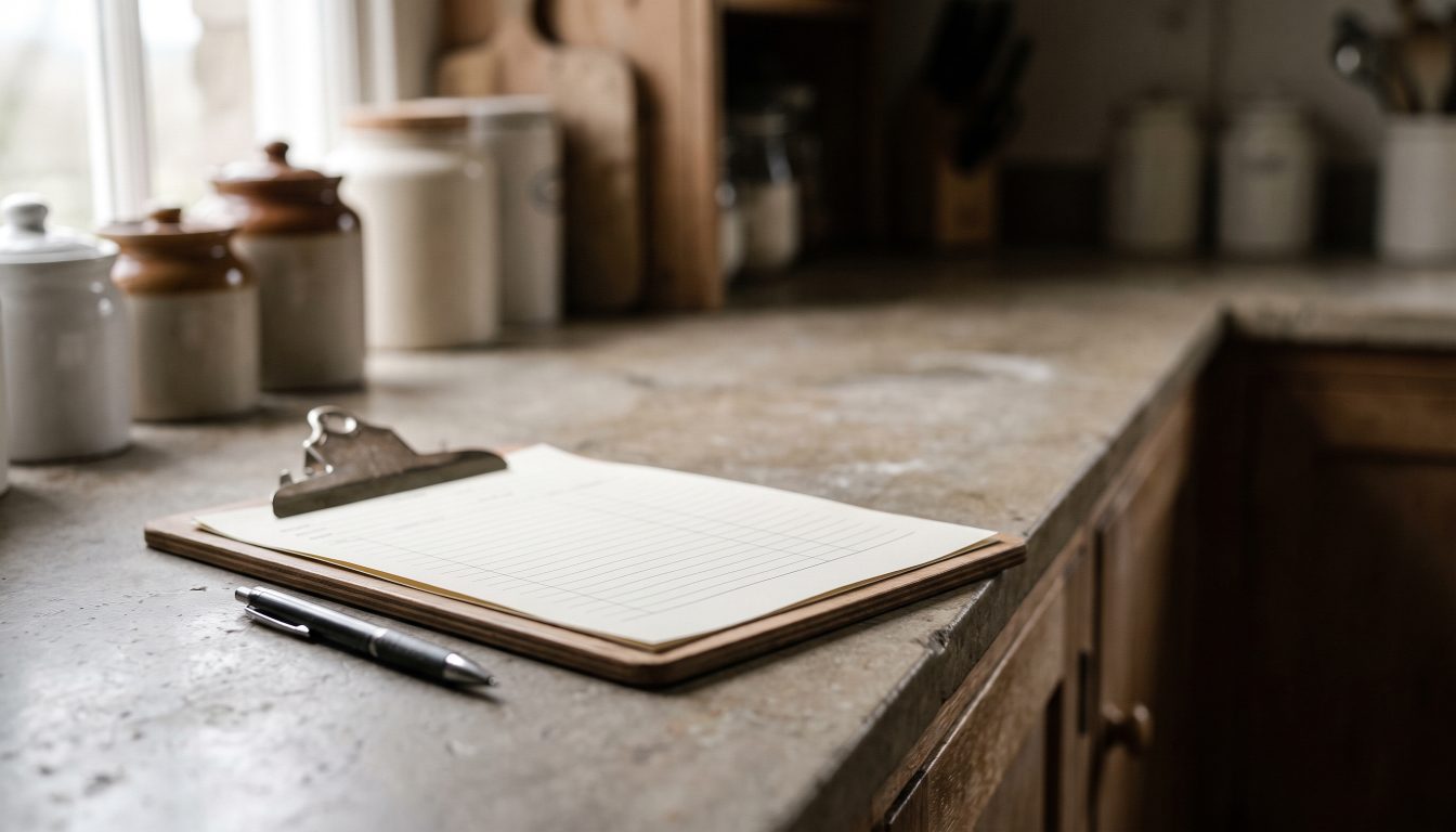 A seller property information statement and an agreement of purchase and sale on a table beside a pen in an Ontario home