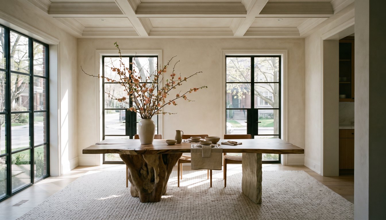 A staged luxury dining room in a Toronto home with a sculptural table and restrained styling