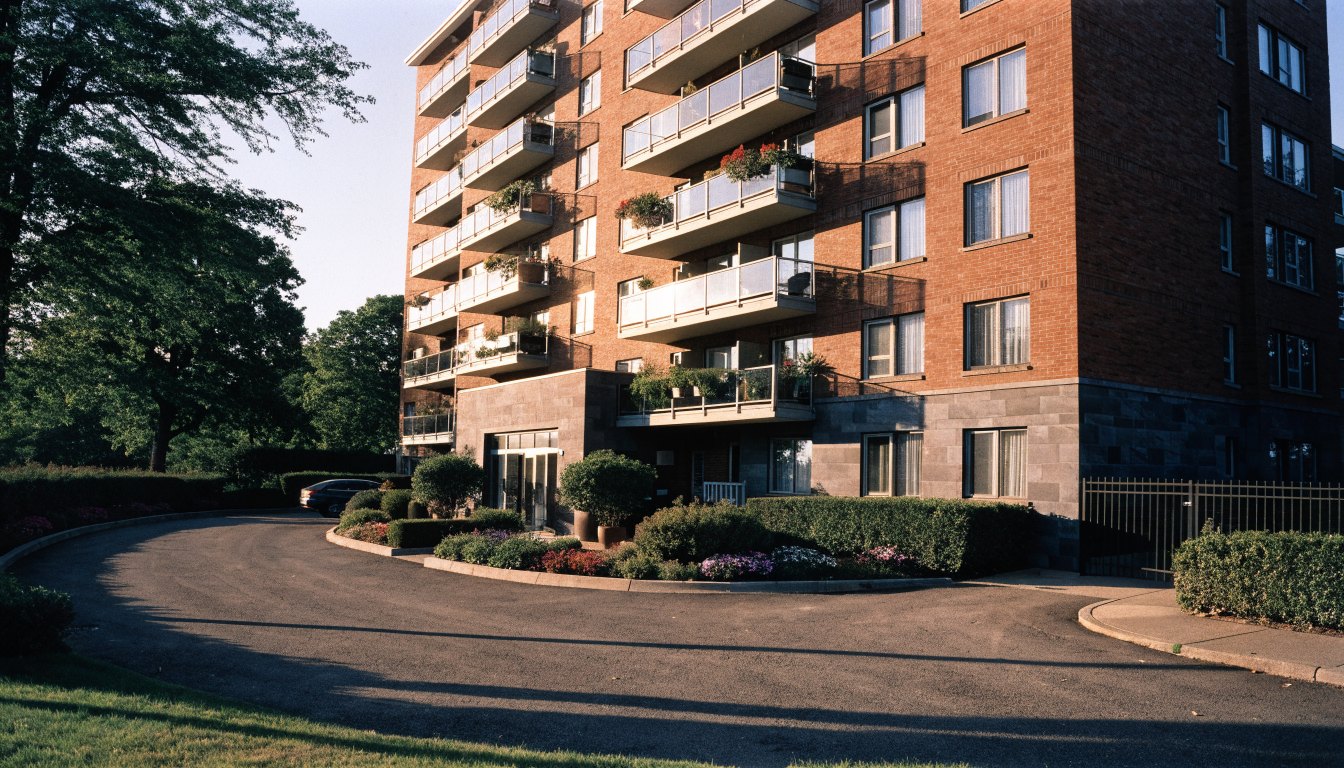 Nine-storey brick and stone mid-rise residential building with balconies and mature landscaping