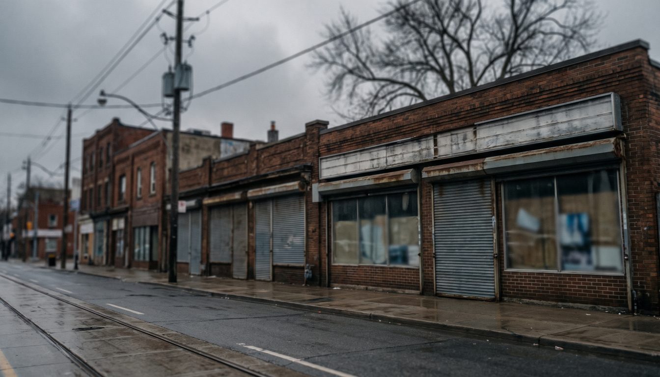 Empty downtown Toronto street at dawn with a lockbox hanging on a front door handle and a closing calendar in the foreground