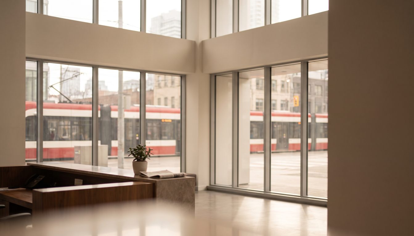 Ontario real estate agent reviewing a condominium status certificate and attachments with a buyer client at a brokerage desk