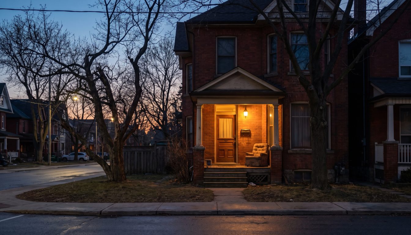 Quiet older brick house at dusk (illustrative)