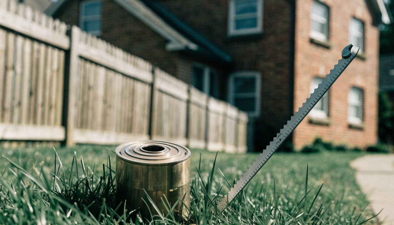 Survey monument and measuring tape at the corner of a suburban Toronto residential lot