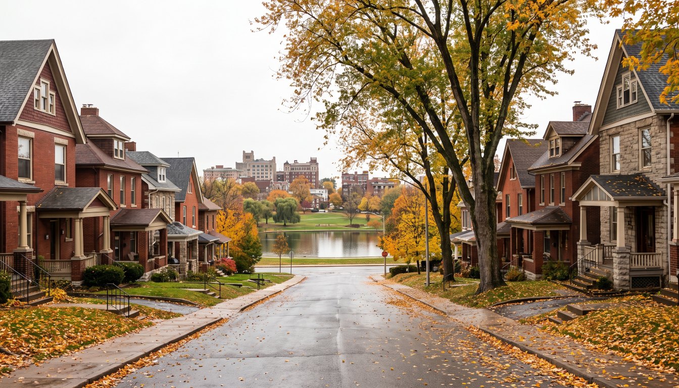 Early twentieth century houses on a street sloping toward a large city park and pond in west Toronto