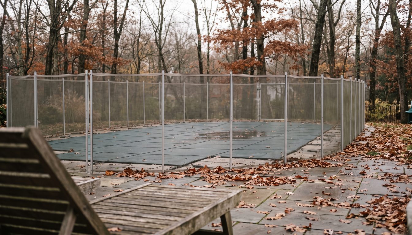 A winterized backyard swimming pool under a safety cover behind a locked gate at an Ontario home in late autumn