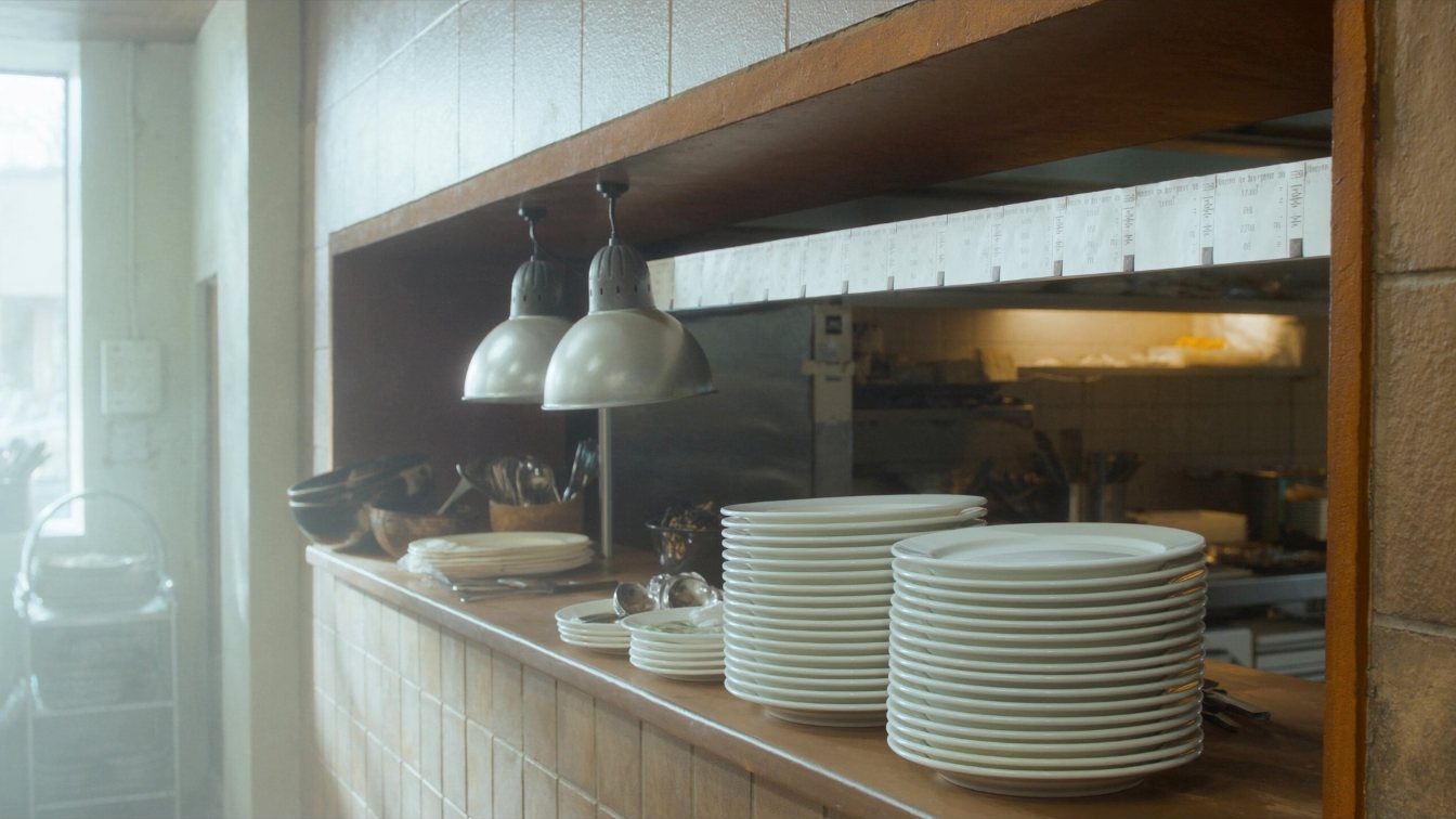 Restaurant kitchen pass with plates lined up under heat lamps and an empty prep line (illustrative)