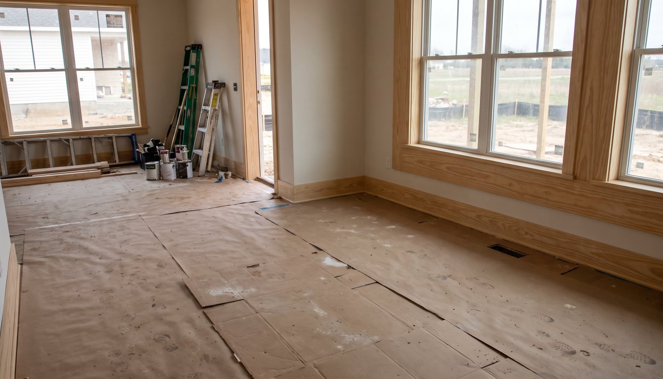 A brand new empty house interior at the construction clean stage with protective floor covering