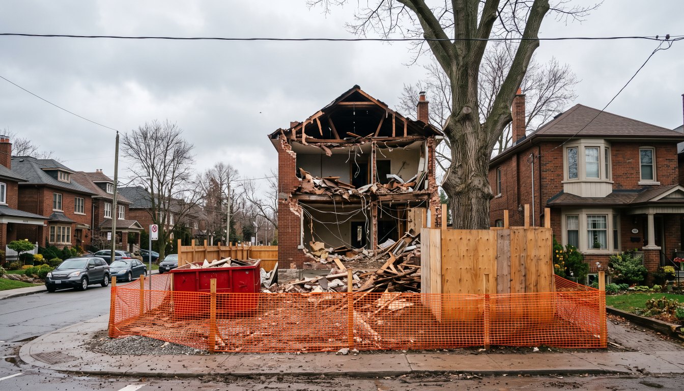 A Toronto house mid demolition behind construction fencing with tree protection hoarding