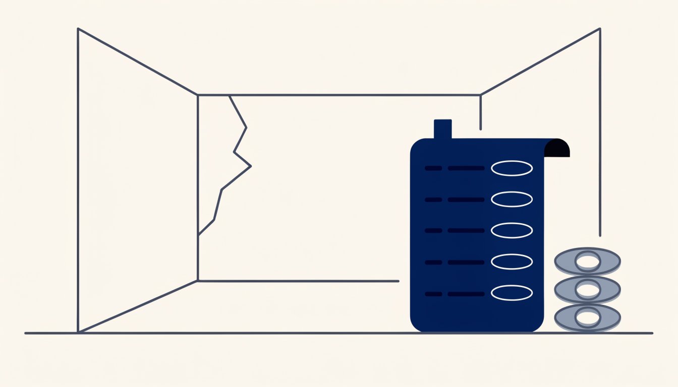 Flat vector illustration of an empty room with a cracked wall beside an itemised clipboard and a coin stack held apart by a divider